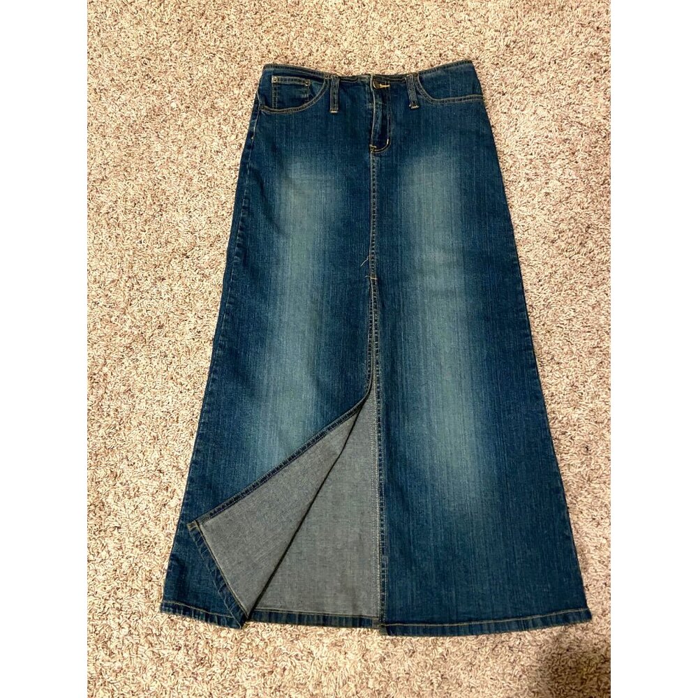 Vintage Angels Womens Denim Blue Grunge Maxi Skirt/Front Slit 30” 5 Junior 6 - Picture 2 of 5